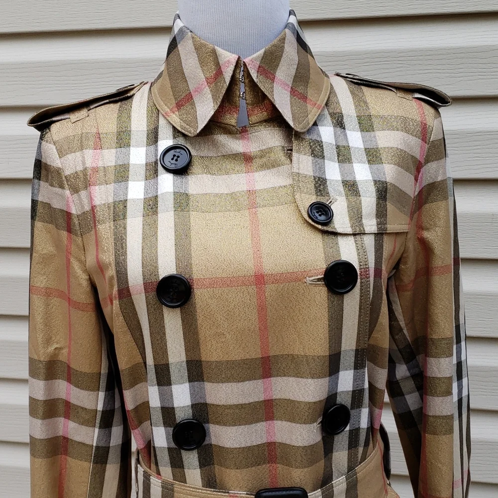 BURBERRY GOLD SHIMMER METALLIC CHECK PLAID TRENCH COAT - Picture 4 of 16